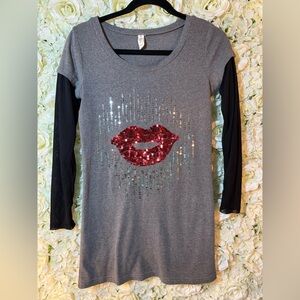 Sequin Lip Graphic Mini Dress or Tunic with Sheer Mesh Sleeves